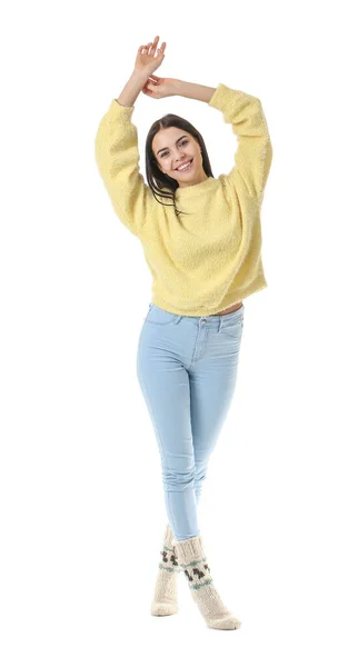 Beautiful Young Woman Warm Sweater White Background — Stock Photo, Image