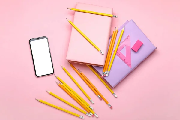 School Stationery Mobile Phone Color Background — Stock Photo, Image