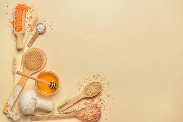 Composition Spa Items Honey Color Background — Stock Photo, Image