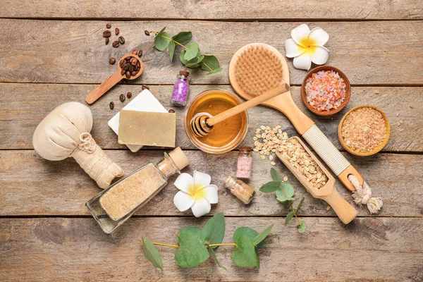 Composition Spa Items Honey Wooden Background — Stock Photo, Image