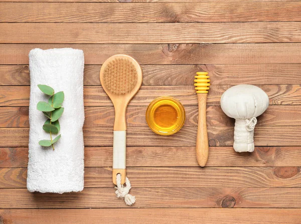 Composition Spa Items Honey Wooden Background — Stock Photo, Image