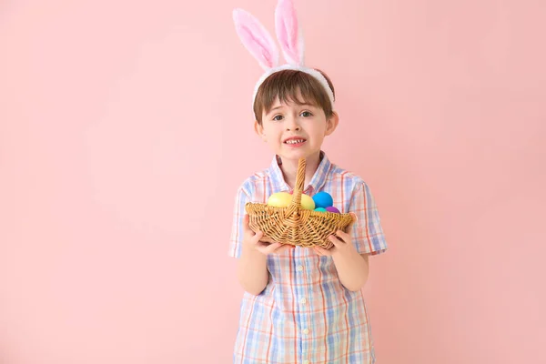 Little Boy Easter Eggs Bunny Ears Color Background — Stock Photo, Image