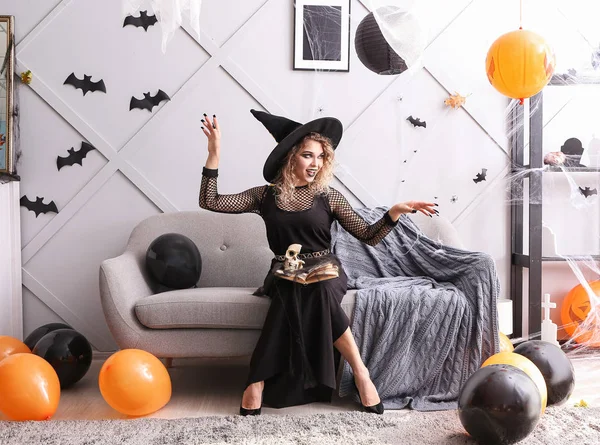 Beautiful Woman Dressed Witch Halloween Home — Stock Photo, Image