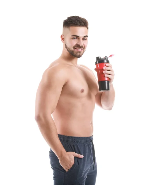 Beyaz Arka Planda Protein Içeceği Olan Sportif Bir Adam — Stok fotoğraf