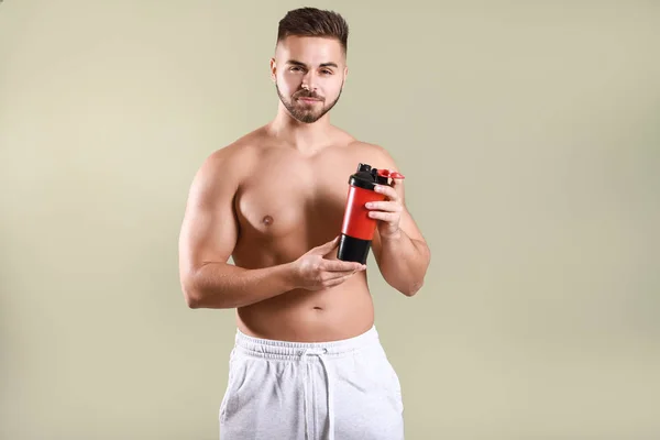 Sporty Man Protein Shake Color Background — Stock Photo, Image