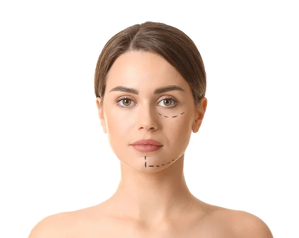 Young Woman Marks Her Face White Background Concept Plastic Surgery — Stock Photo, Image