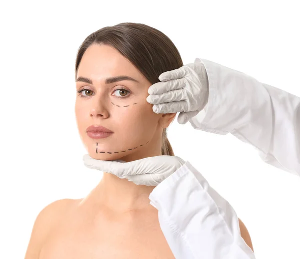 Plastic Surgeon Touching Face Young Woman White Background — Stock Photo, Image