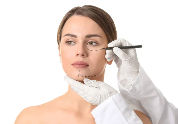 Plastic Surgeon Applying Marking Female Face White Background — Stock Photo, Image