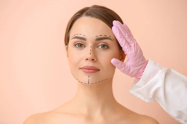 Plastic Surgeon Touching Face Young Woman Color Background — Stock Photo, Image