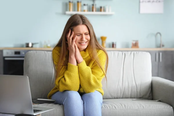 Worried Young Woman Debt Home — Stock Photo, Image