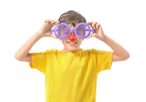 Niño Con Disfraz Divertido Sobre Fondo Blanco Celebración Del Día — Foto de Stock