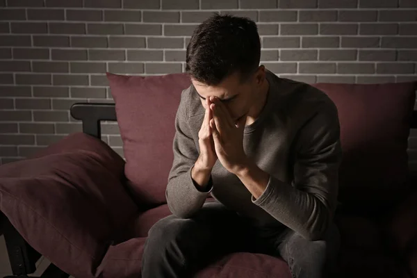 Depressed Young Man Sitting Sofa — Stock Photo, Image