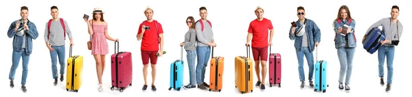 Collage Tourists Luggage White Background — Stock Photo, Image