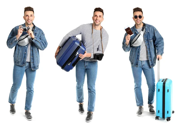 Collage Mit Männlichem Touristen Und Seinem Gepäck Auf Weißem Hintergrund — Stockfoto