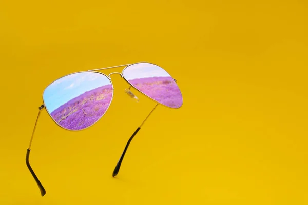 Αντανάκλαση Του Τομέα Της Λεβάντας Γυαλιά Ηλίου Στο Φόντο Χρώμα — Φωτογραφία Αρχείου