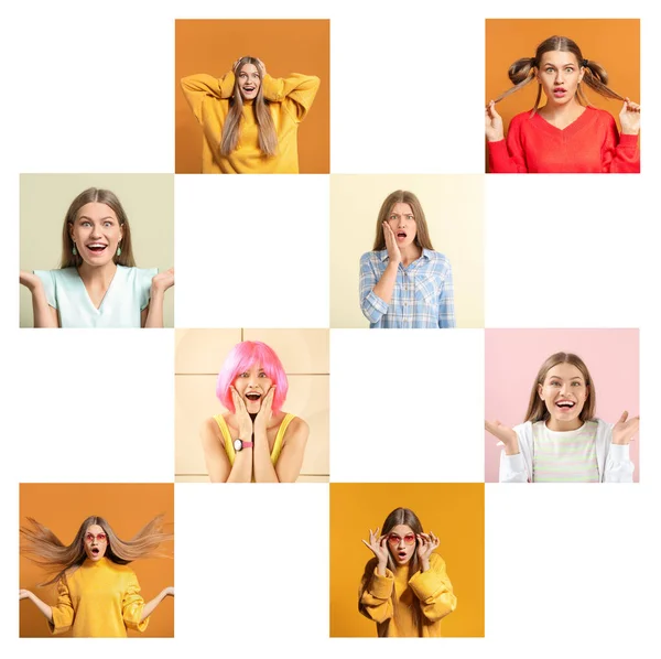 Collage Photos Surprised Young Woman White Background — Stockfoto