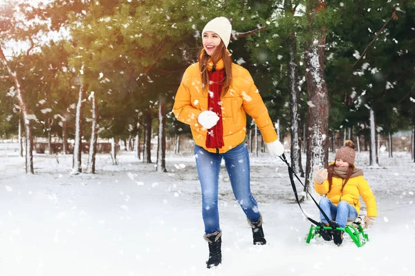 Mother Little Daughter Sledging Park Winter Day — Stock Photo, Image