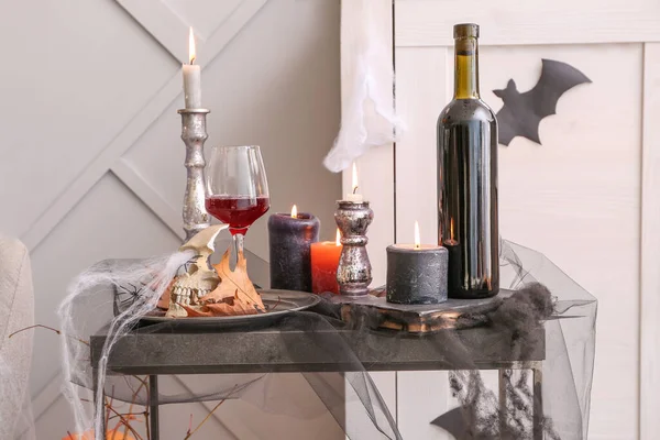 Wystrój Imprezę Halloween Winem Stole Pokoju — Zdjęcie stockowe