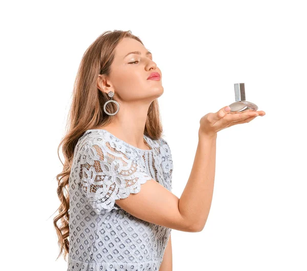 Beautiful Young Woman Bottle Perfume White Background — Stock Photo, Image