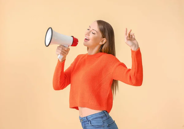 Young Woman Megaphone Color Background — Stock Photo, Image