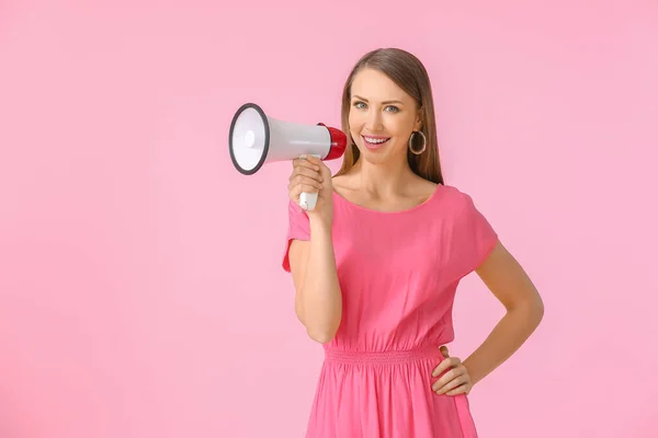 Young Woman Megaphone Color Background — Stock Photo, Image