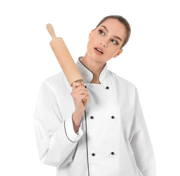 Mooie Vrouwelijke Chef Met Deegroller Witte Achtergrond — Stockfoto