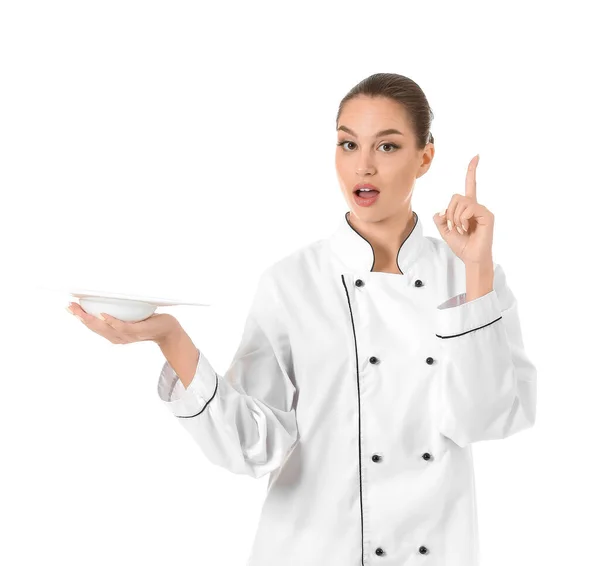 Mooie Vrouwelijke Chef Kok Met Lege Plaat Witte Achtergrond — Stockfoto