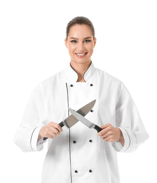 Mooie Vrouwelijke Chef Met Messen Witte Achtergrond — Stockfoto