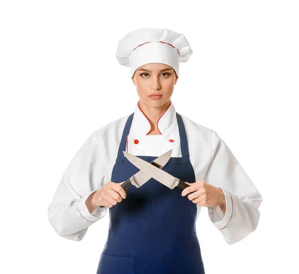 Hermosa Chef Femenina Con Cuchillos Sobre Fondo Blanco —  Fotos de Stock