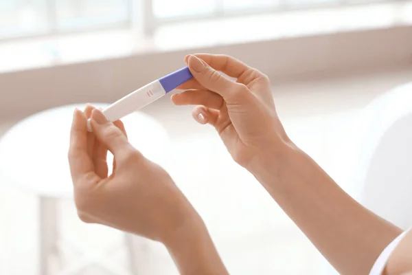 Young Woman Pregnancy Test Bathroom Closeup — Stock Photo, Image