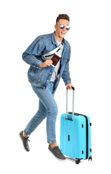 Laufender Männlicher Tourist Mit Gepäck Auf Weißem Hintergrund — Stockfoto