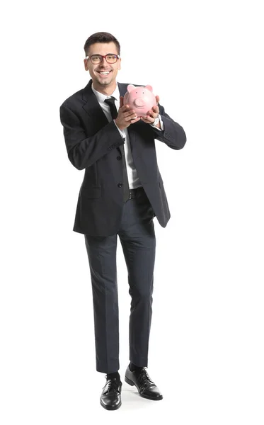 Boldog Férfi Bank Menedzser Malac Bank Fehér Háttér — Stock Fotó