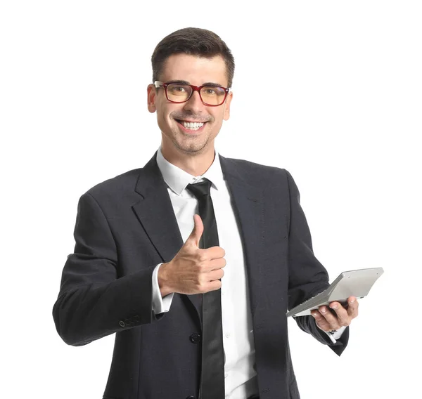 Ευτυχισμένο Αρσενικό Διευθυντής Τράπεζας Αριθμομηχανή Δείχνει Αντίχειρα Χειρονομία Λευκό Φόντο — Φωτογραφία Αρχείου