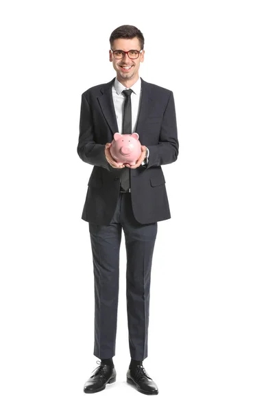 Boldog Férfi Bank Menedzser Malac Bank Fehér Háttér — Stock Fotó