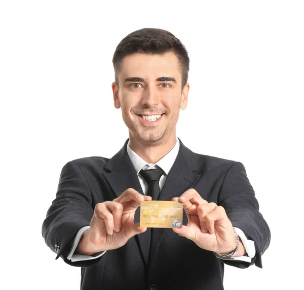 Happy Male Bank Manager Credit Card White Background — Stock Photo, Image