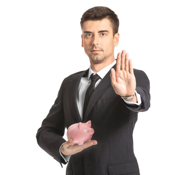 Gerente Banco Masculino Com Porquinho Banco Mostrando Stop Gesto Fundo — Fotografia de Stock