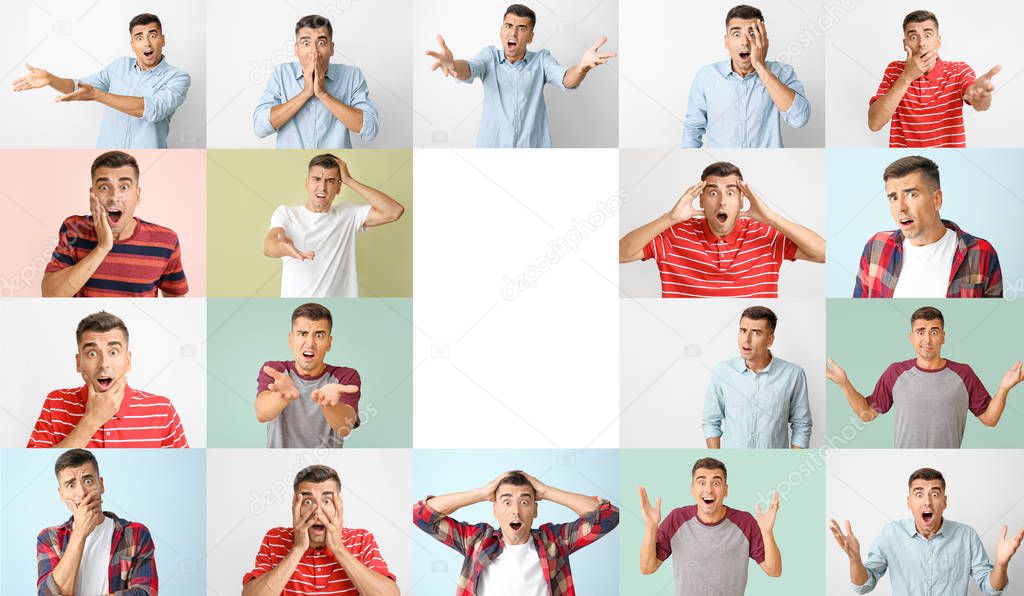 Collage of photos with surprised young man and space for text