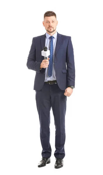 Männlicher Journalist Mit Mikrofon Auf Weißem Hintergrund — Stockfoto