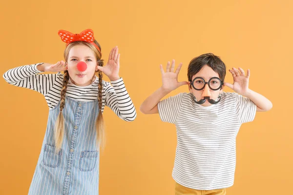 Little Children Funny Disguise Color Background April Fools Day Celebration — Stock Photo, Image