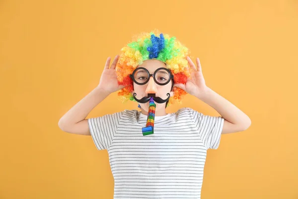 Little Boy Funny Disguise Party Whistle Color Background April Fools — Stock Photo, Image