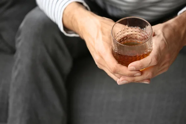 Depressed Young Man Drinking Alcohol Home Closeup — Stock Photo, Image