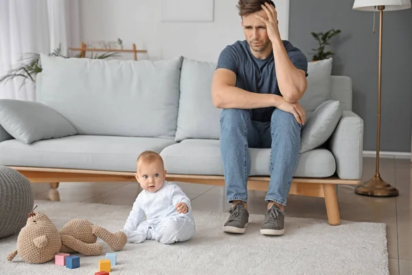 Young Man Suffering Postnatal Depression Home — Stock Photo, Image