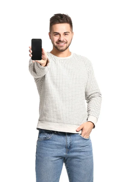 Jovem Com Telefone Celular Fundo Branco — Fotografia de Stock