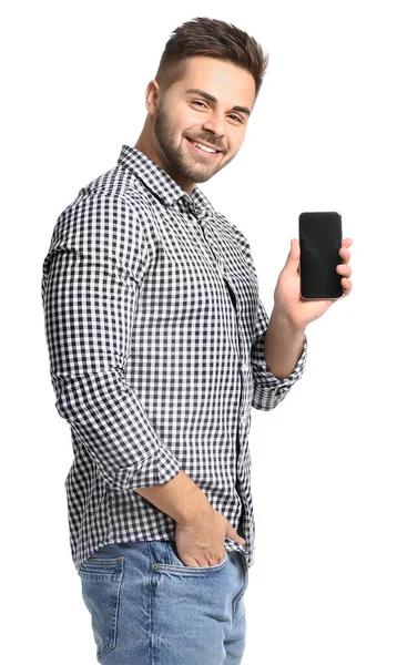 Junger Mann Mit Handy Auf Weißem Hintergrund — Stockfoto