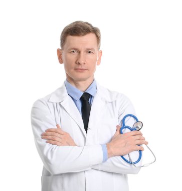 Beyaz arka planda erkek kardiyolog