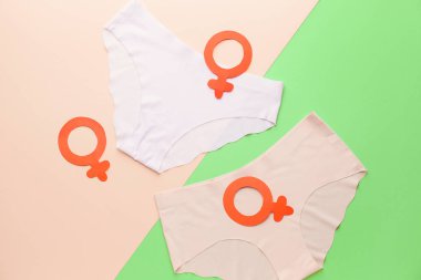 Renkli arka planda kadın sembolleri olan kadın külotu. Feminizm kavramı