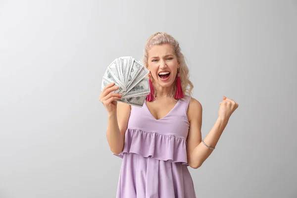 Happy Beautiful Young Woman Money Light Background — Stock Photo, Image