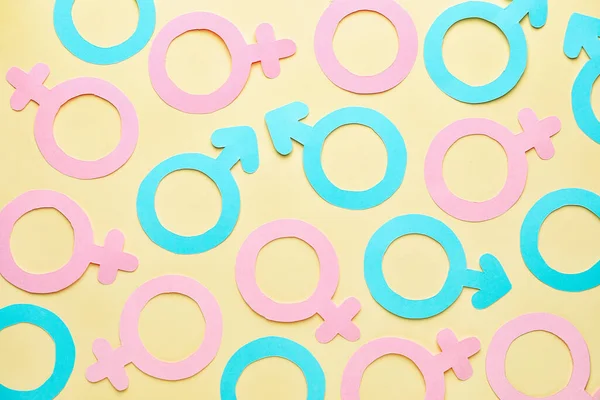 Many Symbols Man Woman Color Background Concept Feminism — Stock Photo, Image