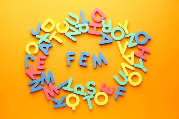 Many Letters Word Fem Color Background Concept Feminism — Stock Photo, Image