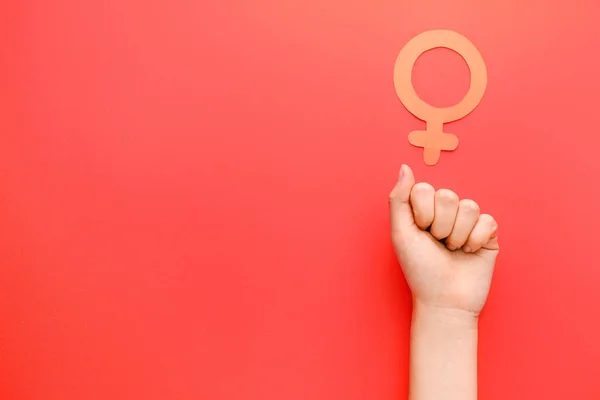 Női Kéz Szimbólumával Színes Háttér Feminizmus Fogalma — Stock Fotó